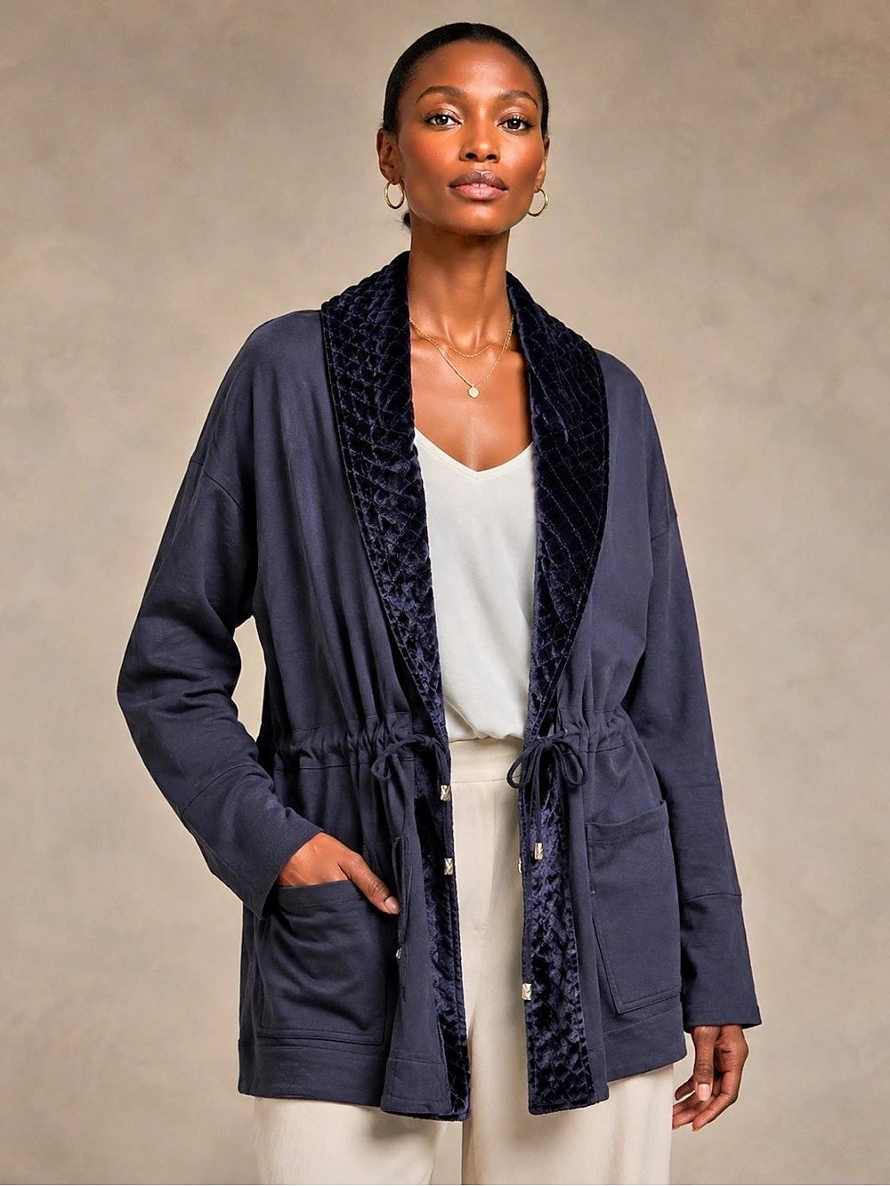 Soft Surroundings Lilas Cardigan Jacket Navy Velvet Trim Drawstring Waist Chic L